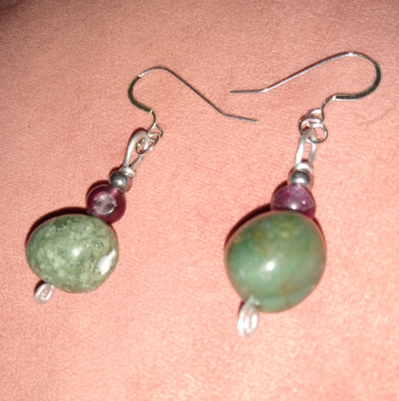 Moss Agate Amethyst Gemstone Bead Handmade Earrings 925 Solid Sterling Ear Wires - Picture 4 of 4